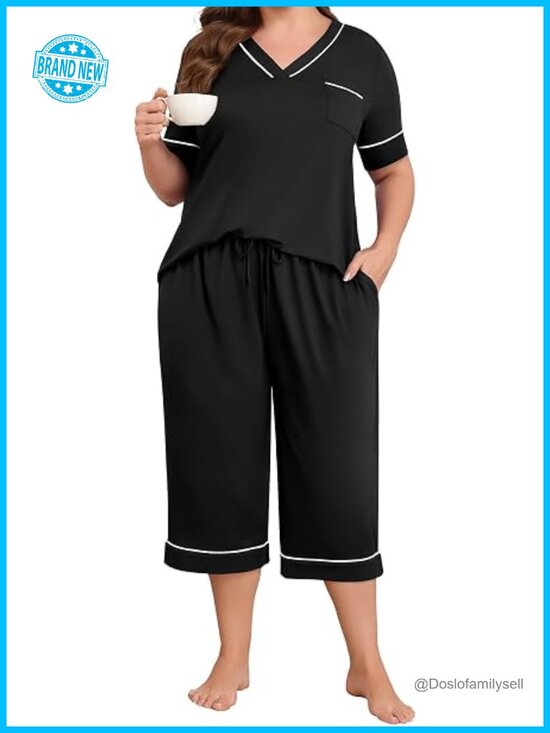 Other - Plus Size Pajama Set 2 Piece V Neck Short Sleeve Capri Pants Lounge Set Knit